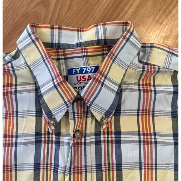 Bodoni USA Sporting Gear Plaid Shirt Mens Short Sleeve FY797 Size XL Yellow Navy - Picture 4 of 8